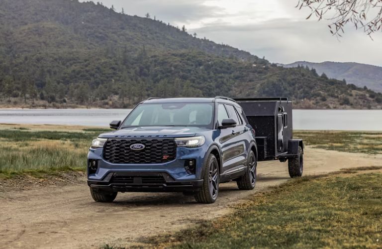 2025 Ford Explorer front view on a dirt trail towing