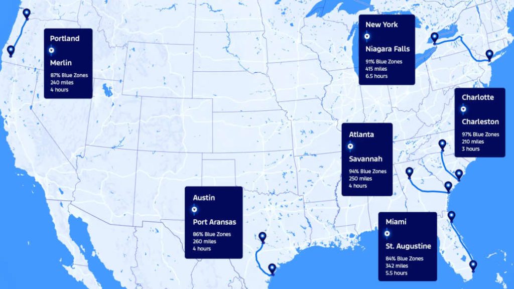 A map showing Ford BlueCruise routes for suggested summer 2025 road trips
