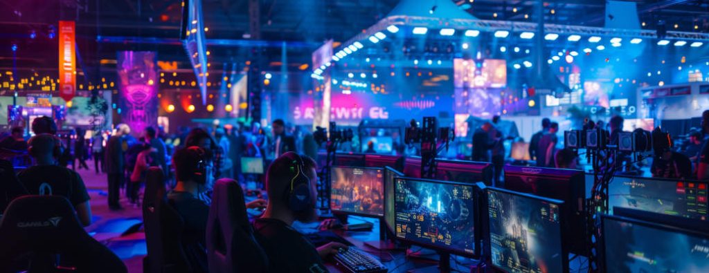 People gaming at a massive gaming convention