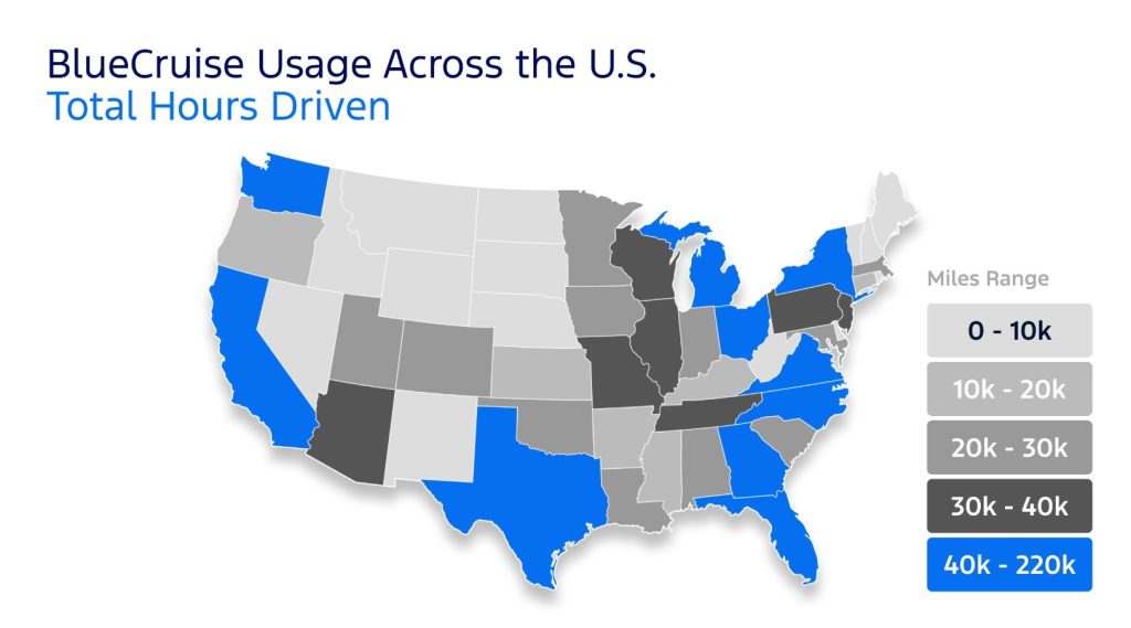 A map of BlueCruise usage across the United States