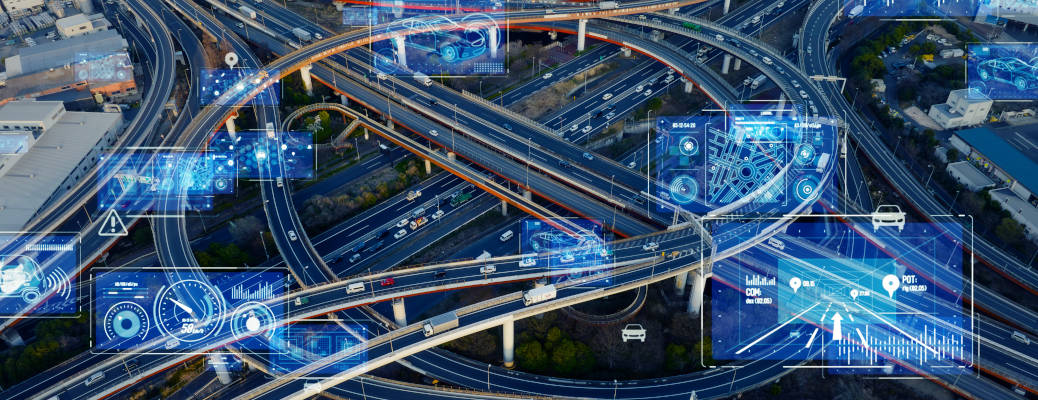 Modern highway and Data technology concept. Smart transportation. ITS (Intelligent Transport Systems). Mobility as a service.Composite visual with a drone point of view. Mixed media.