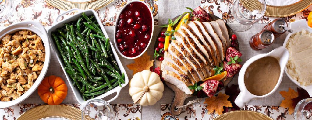 Thanksgiving dinner in Atlanta; table, overhead shot, long banner