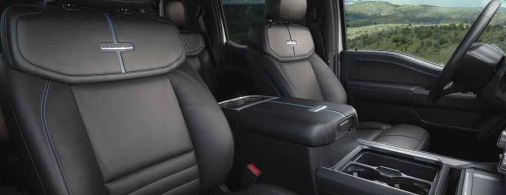 The comfortable, high-tech interior of the 2027 Ford Super Duty pickup truck