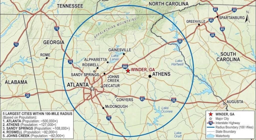A graphic depicted the mobile service radius of 100 miles around the Akins Ford location in Winder, GA.