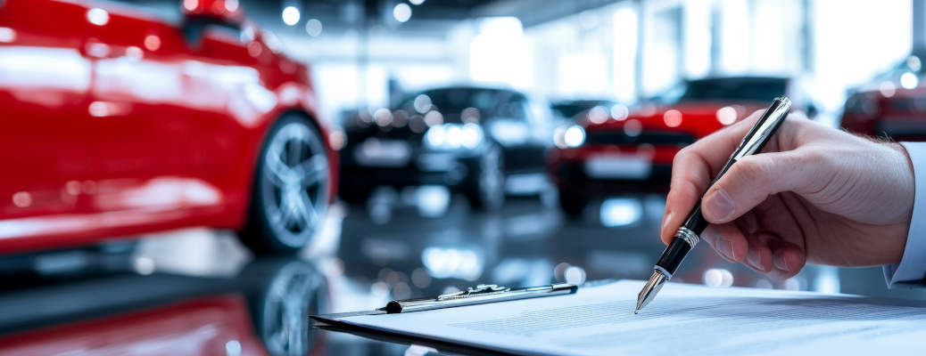 Salesman signing car purchase contract in dealership showroom