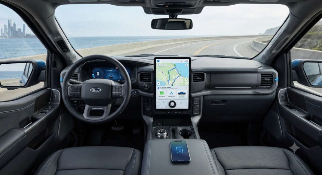 An AI rendering of what the 2027 Ford Fathom cockpit should look like, including the large, Apple Maps-enabled infotainment screen.