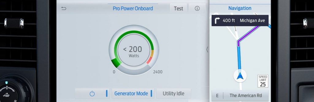 Ford Pro Power Onboard on the touchscreen of a Ford truck