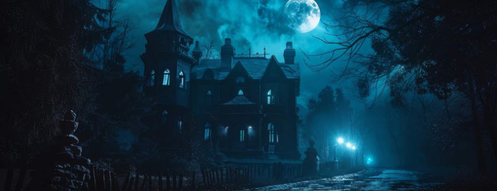 Haunted house or abandoned horror haunted house in fog. Old mystical city in a forest of dead trees. Trees at night under the moon. Halloween horror concept. One of the top 5 haunted houses in Atlanta for Halloween 2026