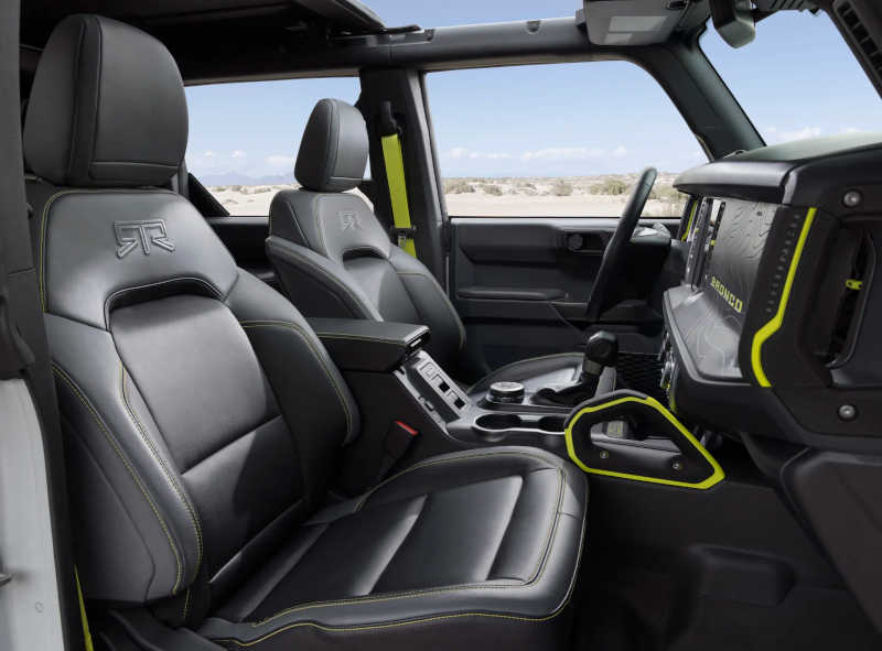 The cockpit of the 2027 Ford Bronco RTR with custom stitched seating