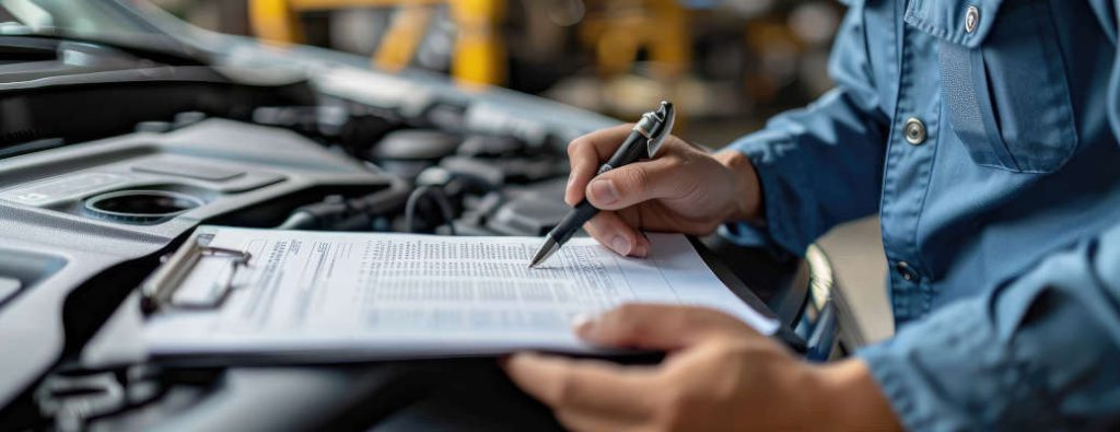 A mechanic inspects a car and fills out a checklist for passing the Alberta safety inspection