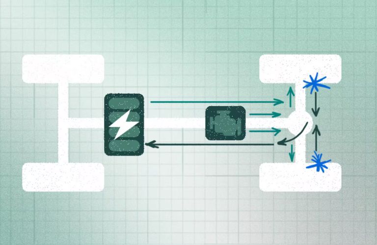 An illustration demonstrating how regenerative braking harnesses the energy from stopping the vehicle and sends it to the battery, charging it