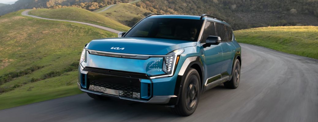 front view of the 2026 Kia EV9 on the road