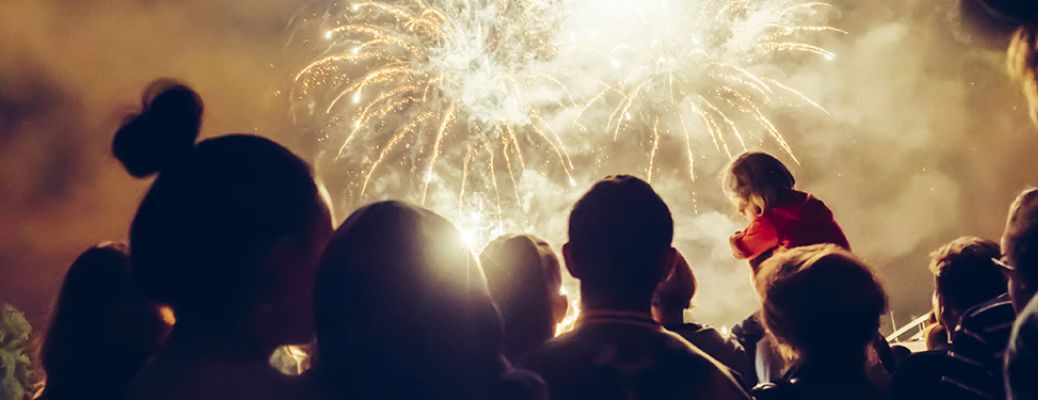 people in front of a firework display