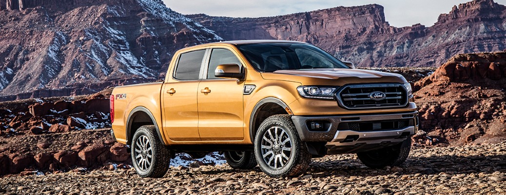 2019 Ford Ranger with orange paint front and side angle