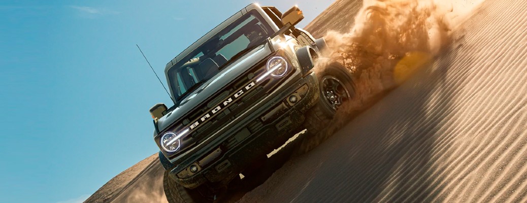 2021 Ford Bronco Wildtrak front view on sand
