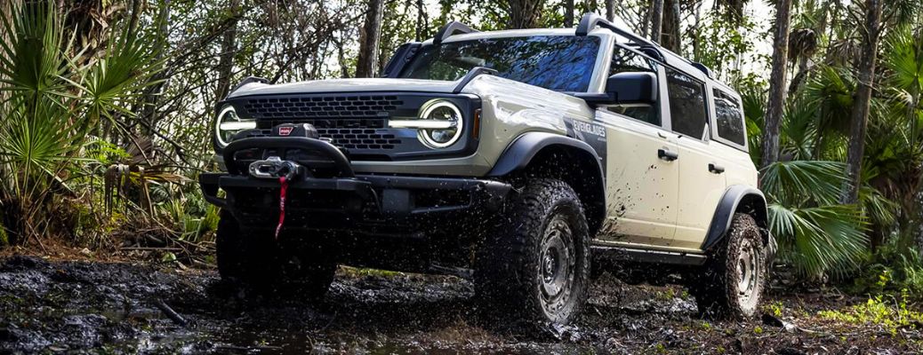 2022 Ford Bronco front view in a forest