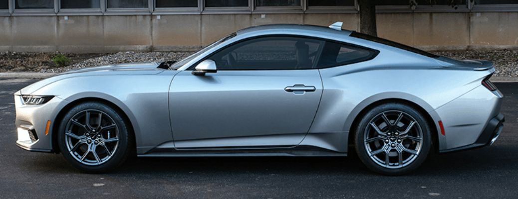 2024 Ford Mustang side view with silver paint