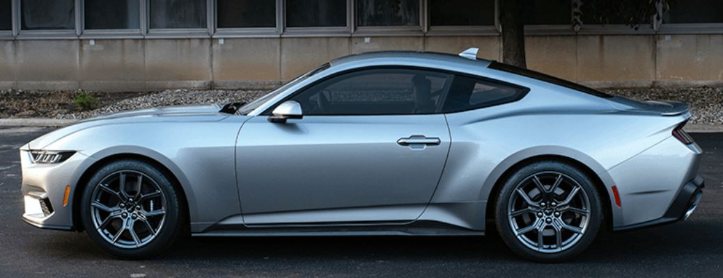 2024 Ford Mustang side view silver paint