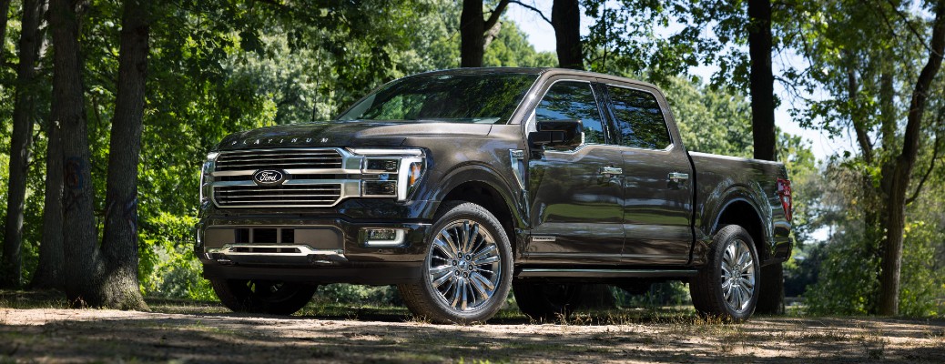 2024 Ford F-150 Platinum front and side view in a forest