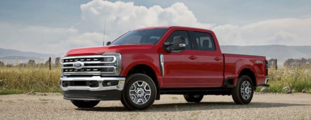 2025 Ford Super Duty in Race Red front and side angle