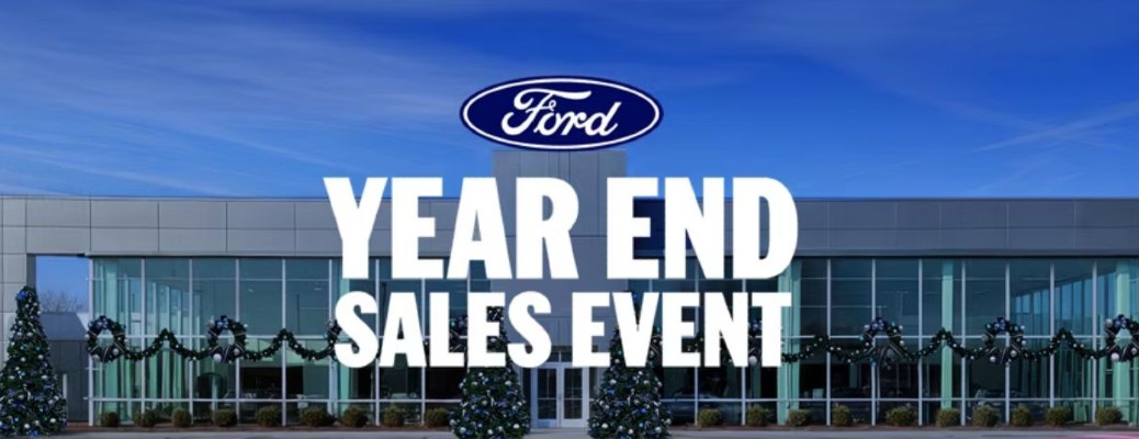 Ford Year-End Sales Event white text on dealership background