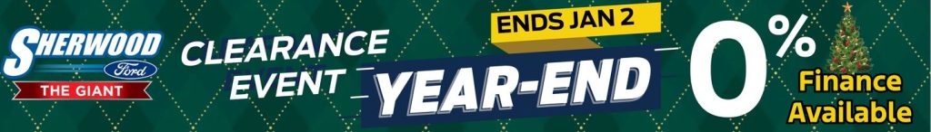 Sherwood Clearance Event Year-end Sale text on green background