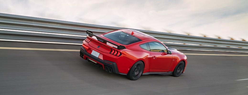 2026 Ford Mustang Dark Horse SC on a track side and rear angle