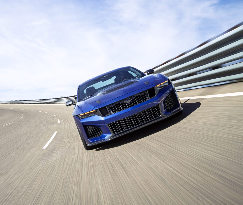 2026 Mustang with Track Pack front view on track