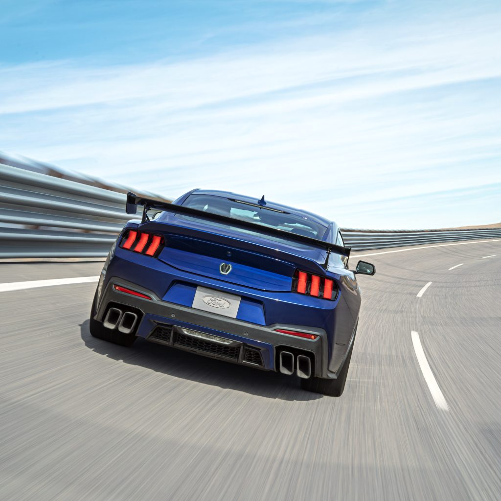 2026 Mustang with Track Pack rear view on track