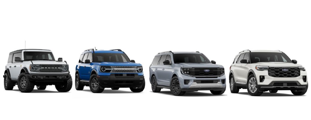 Four Ford SUVs in a row on white