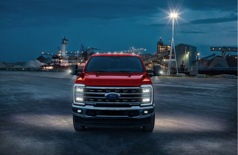 2027 Super Duty front view with lights on