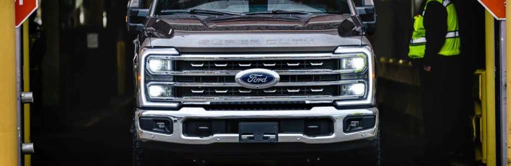 The front end of a Ford truck