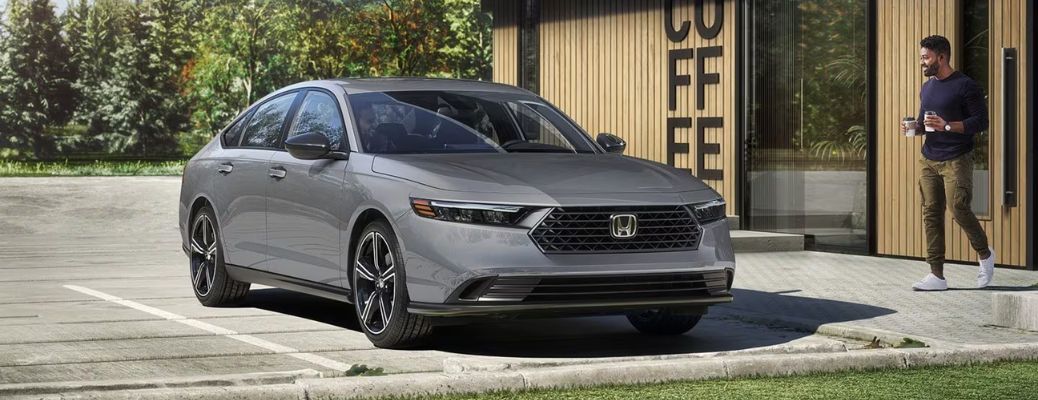 Front-quarter view of the 2026 Honda Accord Hybrid Gray