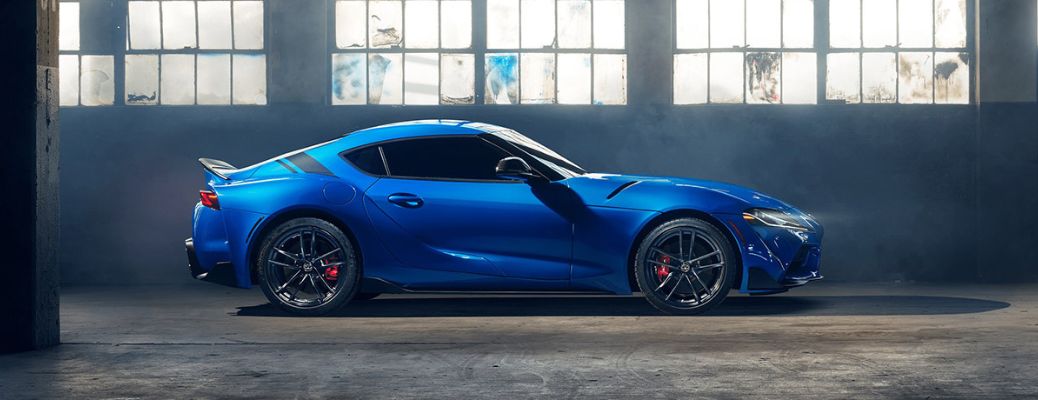 a 2021 Toyota Supra side view with a rear spoiler