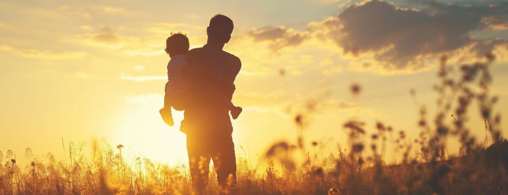 A father holding his kid during sunset