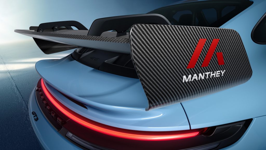 close  up view of the rear spoiler included in the 992.2 gt3 manthey kit