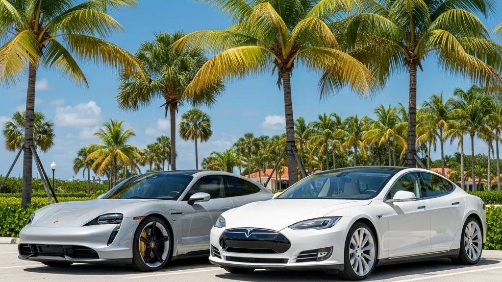 Porsche Taycan and Tesla Model S parked in South Florida showcasing luxury electric vehicle comparison