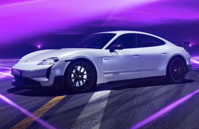 Front-quarter view of the 2025 Porsche Taycan White