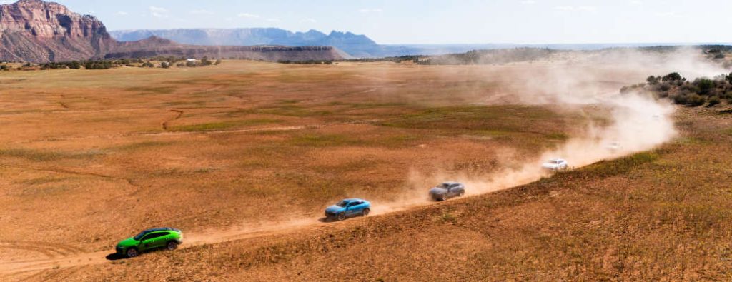Many 2025 Lamborghini Urus SE models off-roading in Zion National Park