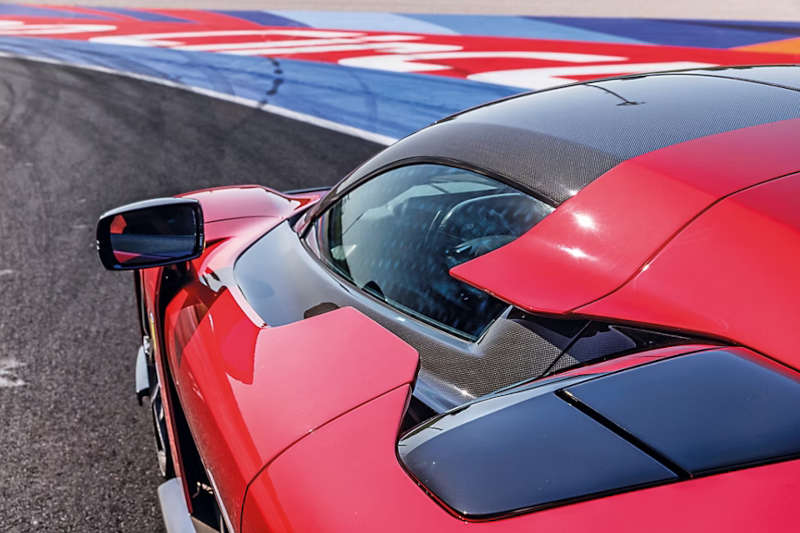 A side view of the spectacular and aerodynamic body styling of the Ferrari F80, which is hypercar of the year