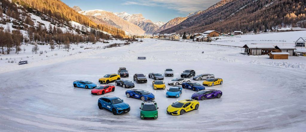The lineup of Lamborghini vehicles available for driving on the ice track for the special Lamborghini Neve experience in 2026.