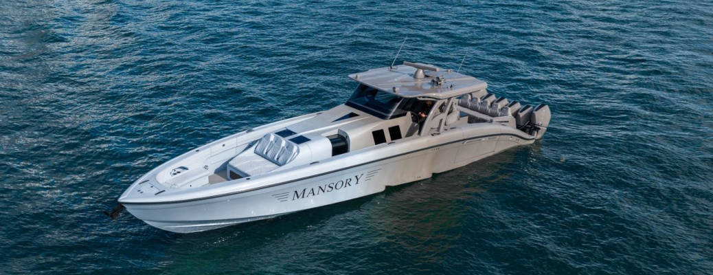 An exterior view of the Mansory Midnight Express superboat for sale at Limited Spec