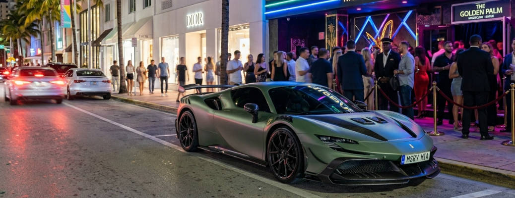 A custom Mansory Ferrari in front of a Miami nightclub