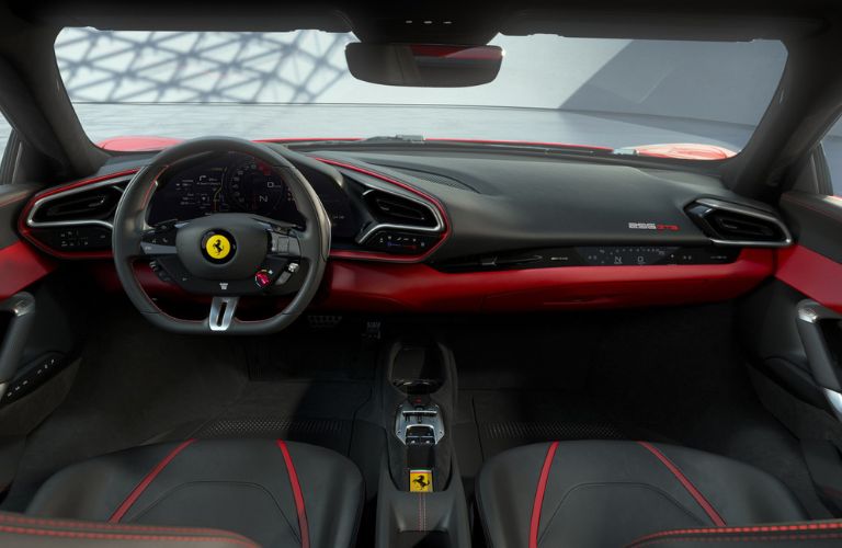 Ferrari 296 GTB cabin view with red leather dashboard