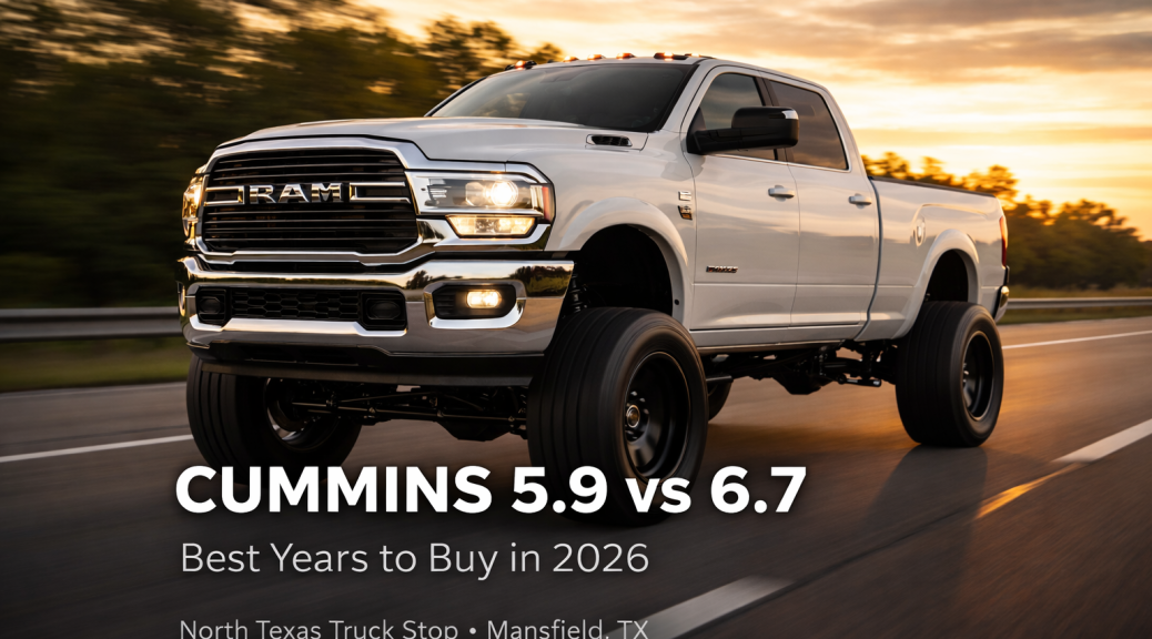 Lifted Ram 2500 Cummins diesel driving at sunset with “Cummins 5.9 vs 6.7 – Best Years to Buy 2026” overlay