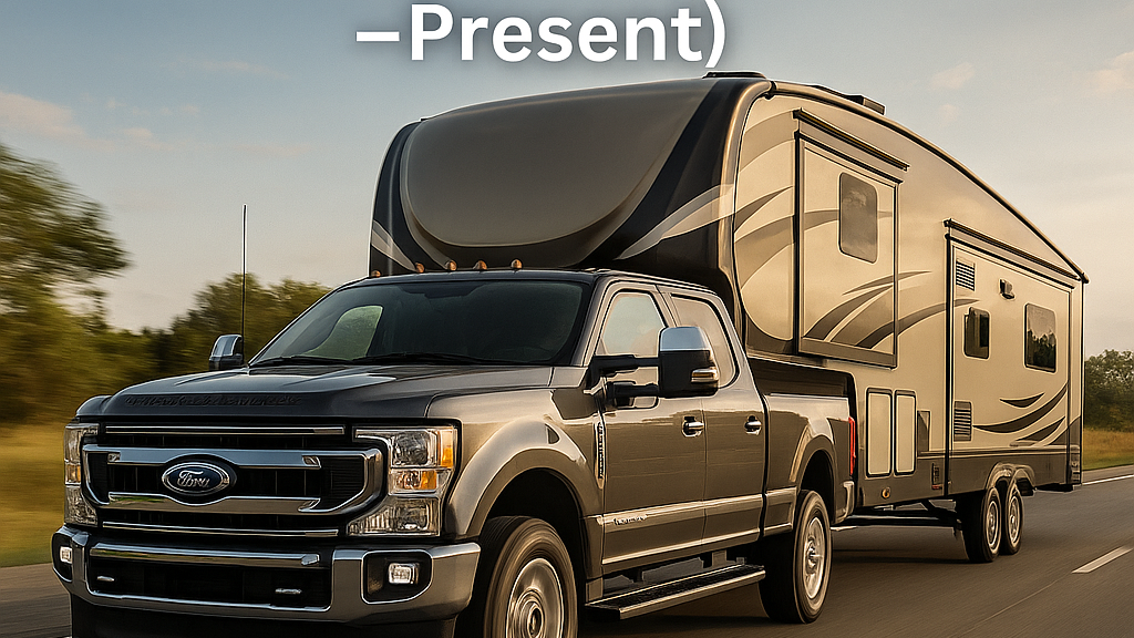 Ford F-350 Power Stroke towing a fifth-wheel camper with the text ‘Ford Power Stroke Engine Updates by Year (1994–Present)’ overlaid.