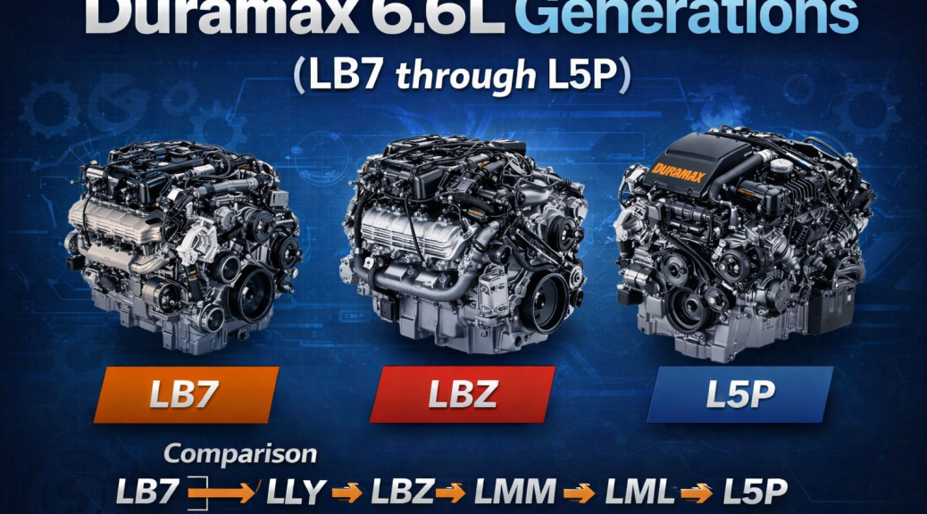 Duramax 6.6L generations chart showing LB7 through L5P with best years to buy in 2026