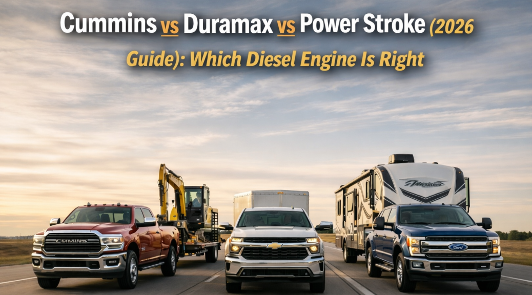 Three heavy-duty diesel trucks towing different trailers on the highway, representing Cummins, Duramax, and Power Stroke engines in a 2026 comparison