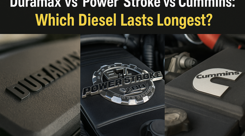 Graphic comparing Duramax, Power Stroke, and Cummins diesel engines with overlaid title ‘Duramax vs Power Stroke vs Cummins: Which Diesel Lasts Longest?