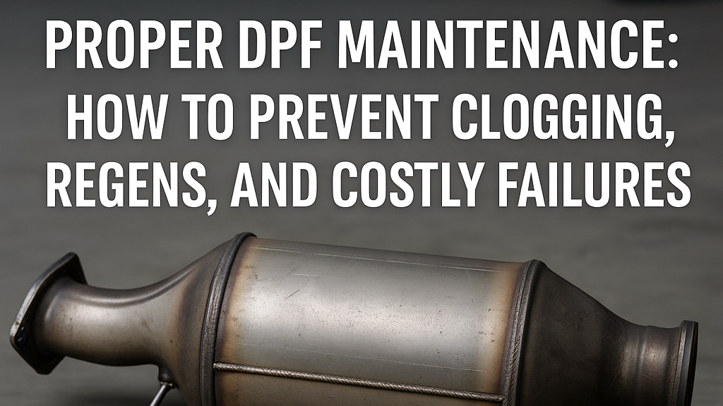 Diesel Particulate Filter on a shop floor with the text ‘Proper DPF Maintenance’ overlaid on the image.